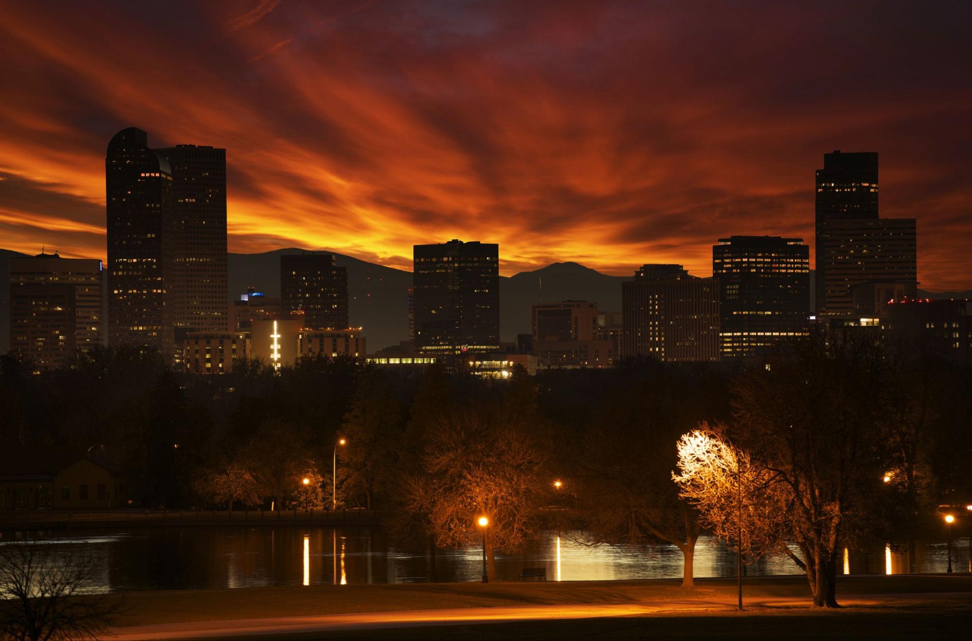 A view of an urban area in Denver shot during sunset